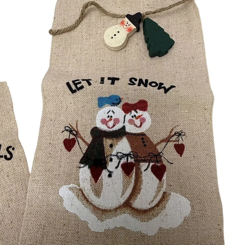 Christmas Wine Bottle Bags Angel and Snowman Cotton Blend Burlap w/ Charm Ties